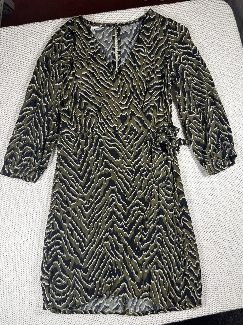 Mango Olive Green Abstract Print Wrap Dress - Size 2